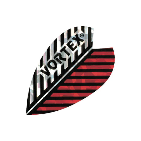 Close-up of Vortex red feather dart flight with striped pattern, holographic details, isolated on white background