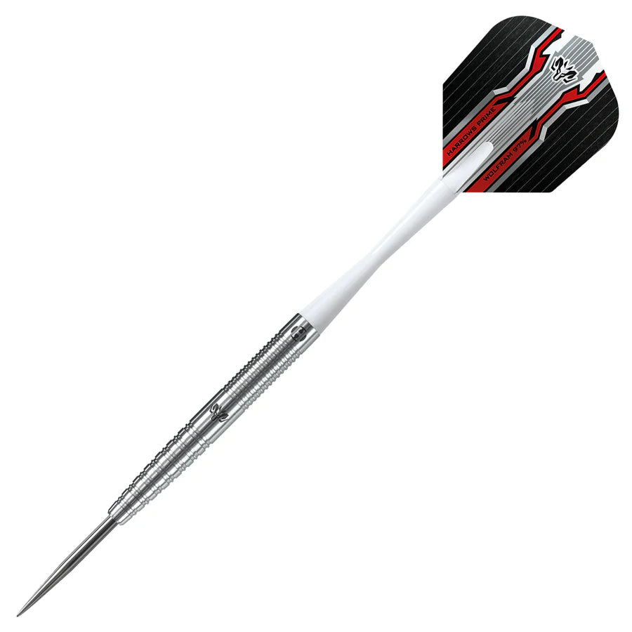 Full tungsten dart with precision knurled barrel, silver point, white shaft, black and red flight, isolated on white background