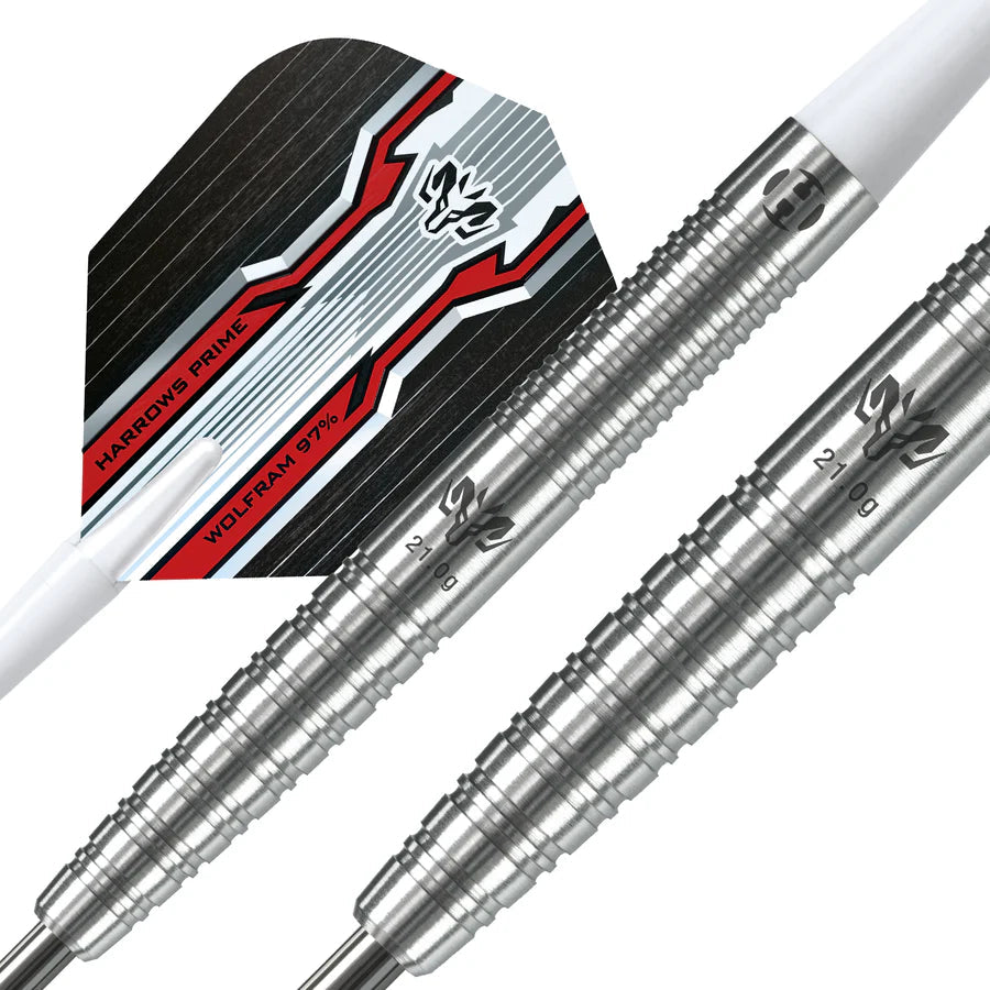 Close-up of 97% tungsten darts showing precision grip rings, 21.0g barrel engravings, and Harrows Prime flight design.