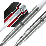 Close-up of 97% tungsten darts showing precision grip rings, 21.0g barrel engravings, and Harrows Prime flight design.