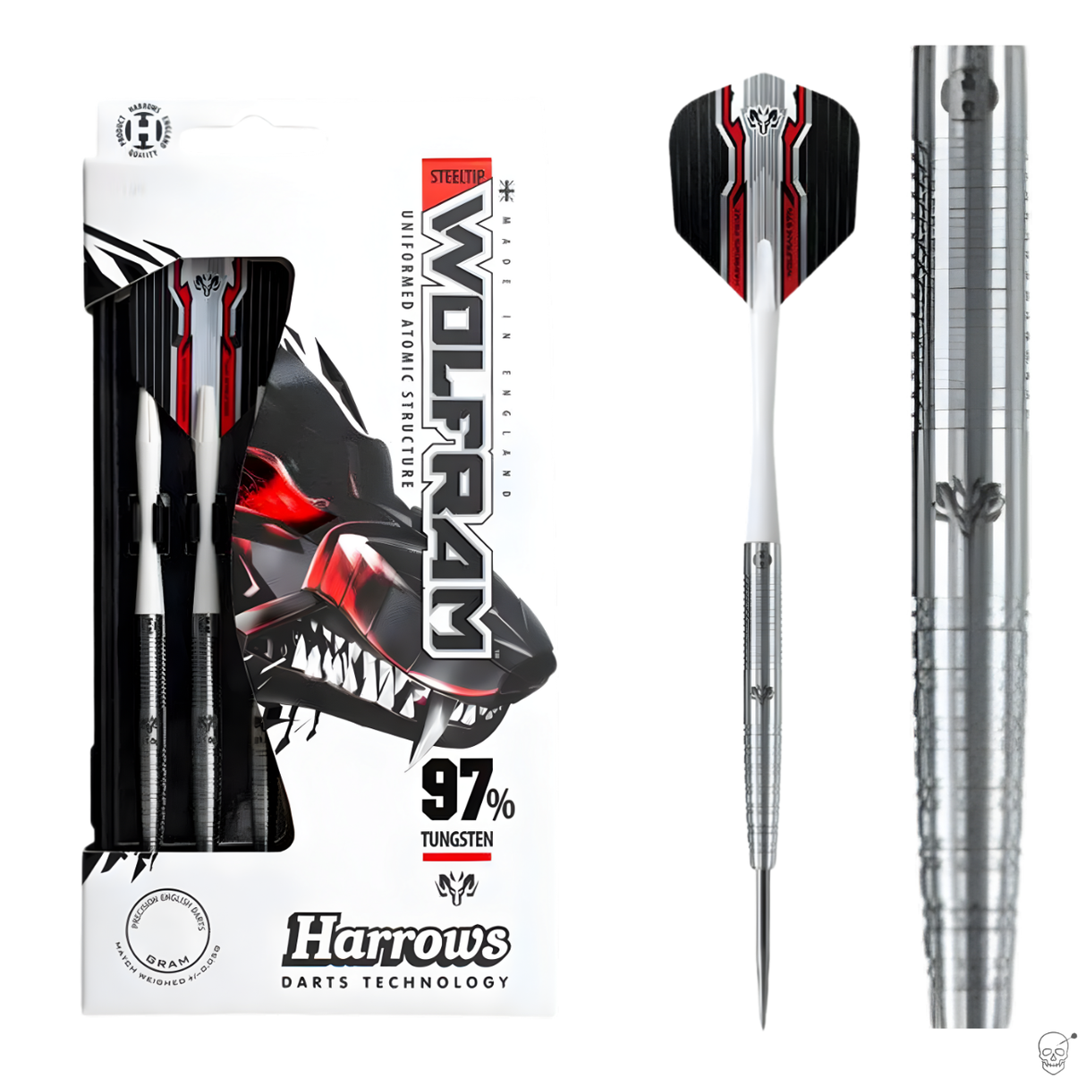 Steel tip tungsten darts in retail packaging, full dart on white background, macro of grip and barrel detailing