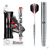 Steel tip tungsten darts in retail packaging, full dart on white background, macro of grip and barrel detailing