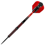Full view tungsten dart with black grip barrel, red accents, Supergrip Fusion shaft, and red angular flight on white background