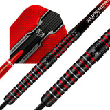 Close-up of tungsten dart barrel grip texture, detailed red and black flight, and precision ringed design for professional use