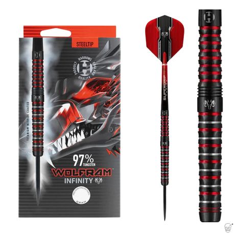 Steel tip tungsten dart set with red and black ringed grip, packaging box and close-up barrel texture for precision throwing