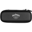 Black slim darts case top-down view, closed with zipper, hard shell, white logo, isolated on white background