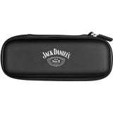 Black slim darts case top-down view, closed with zipper, hard shell, white logo, isolated on white background