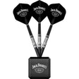 Darts display cube with three black steel-tip darts arranged upright, silver grip barrels, and matching flights on white background