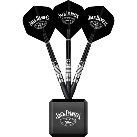 Darts display cube with three black steel-tip darts arranged upright, silver grip barrels, and matching flights on white background