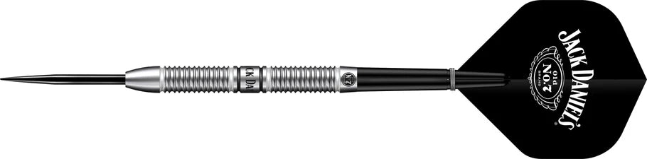 Full view tungsten dart with black and white ringed barrel, engraved grip, and branded flight on white background