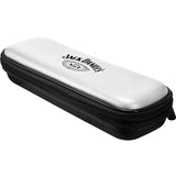 Angled view of white slim darts case with zip closure, durable shell, and black logo, isolated on white background