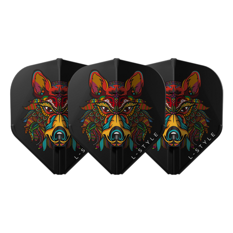 Three black standard dart flights with colorful wolf design, full product view, isolated on white background, arranged for display