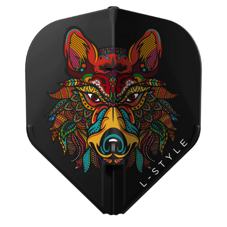 Black standard dart flight with vibrant wolf artwork, isolated on white, showing durable molded shape and L-Style print