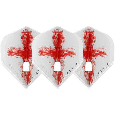 Three clear white standard dart flights with red smoke cross design, displayed side by side on white background