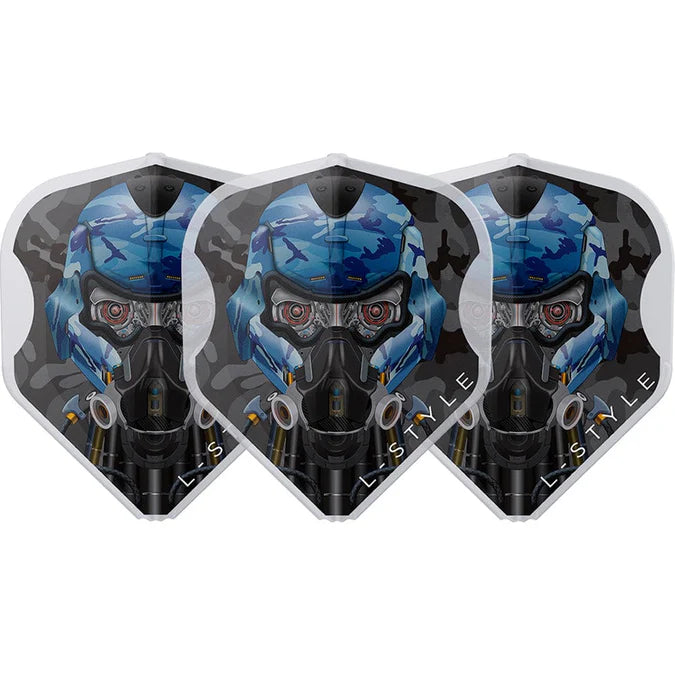 Three standard dart flights with blue camo pilot mask design, arranged side by side, isolated on white background for darts accessories buyers