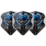 Three standard dart flights with blue camo pilot mask design, arranged side by side, isolated on white background for darts accessories buyers