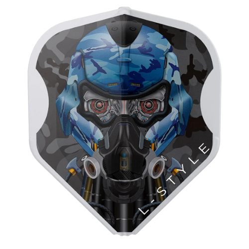 Standard dart flight with blue camouflage robot face graphic, full view, isolated on white, L1 EZ shape for dart setups