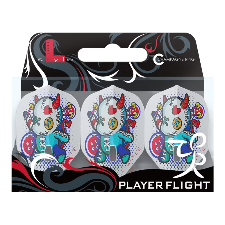 Three Carole Frison V1 Pro L1 standard dart flights in retail packaging, white with colorful cartoon graphics, full set display