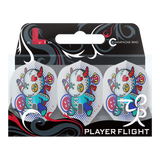 Three Carole Frison V1 Pro L1 standard dart flights in retail packaging, white with colorful cartoon graphics, full set display