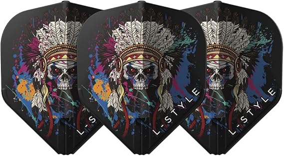 Three black standard dart flights with chief skull and feather headdress graphic displayed side by side for dart accessories