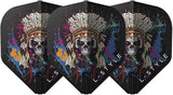 Three black standard dart flights with chief skull and feather headdress graphic displayed side by side for dart accessories