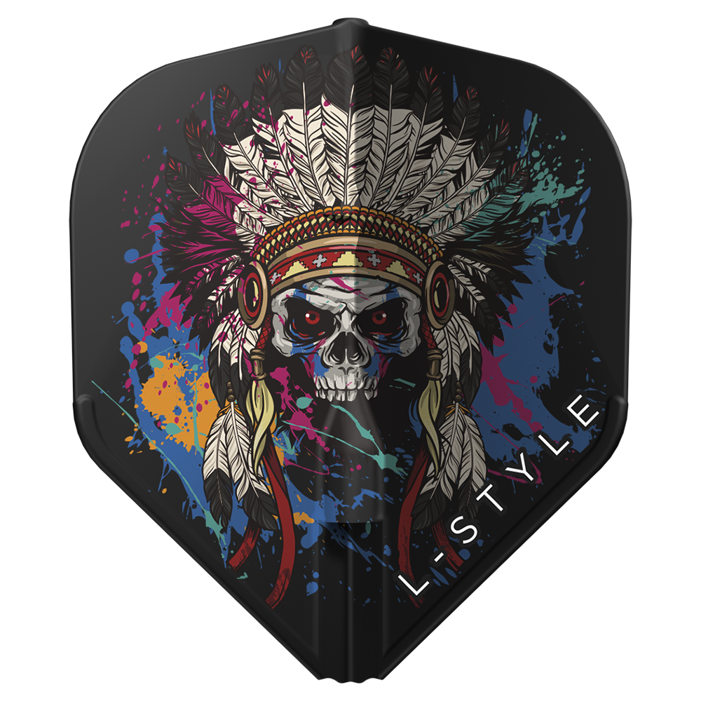 Chief Skull Black L1 EZ dart flight full view with vivid skull and feather headdress graphic, isolated on white background