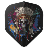 Chief Skull Black L1 EZ dart flight full view with vivid skull and feather headdress graphic, isolated on white background