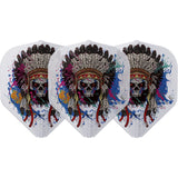 Three clear white standard dart flights with Chief Skull V1 graphic in full view, vivid feather and paint splatter artwork, isolated on white