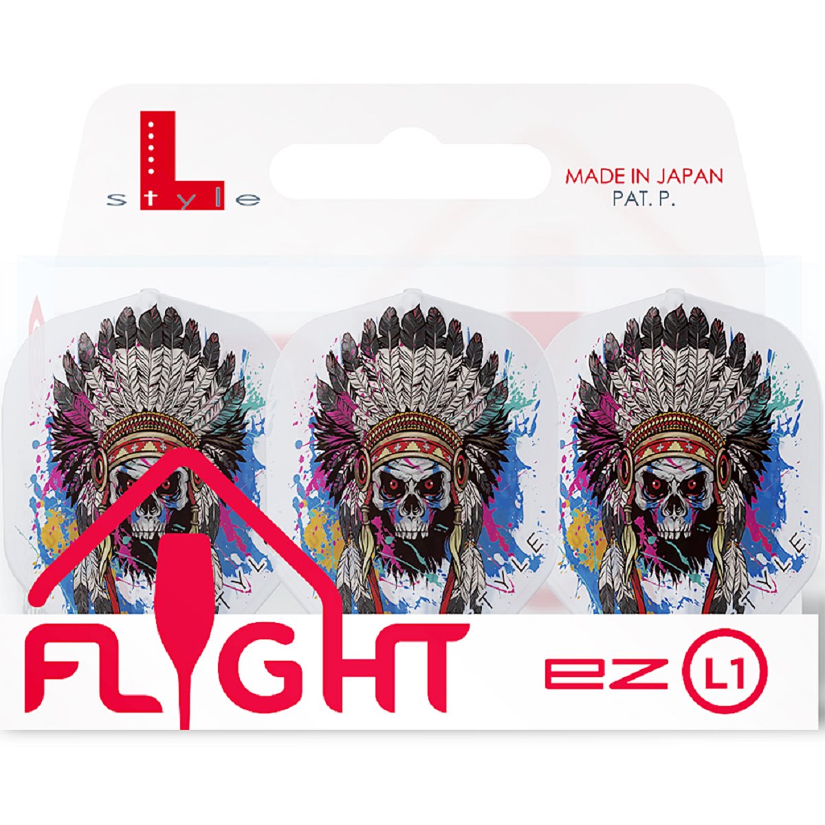 Three Chief Skull V1 clear white EZ L1 standard dart flights in retail packaging, vibrant headdress artwork, product fully displayed