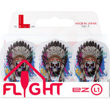 Three Chief Skull V1 clear white EZ L1 standard dart flights in retail packaging, vibrant headdress artwork, product fully displayed