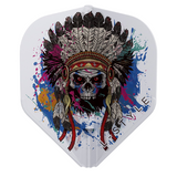 Close-up of clear white EZ L1 standard dart flight with chief skull artwork and vibrant paint splatter, isolated on white background