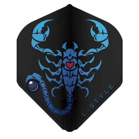 Black EZ L1 standard dart flight with bold blue scorpion graphic, single flight shown flat on white background