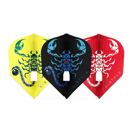 Trio of L3 molded dart flights in yellow, black, and red with bold scorpion graphics, rigid construction, isolated on white