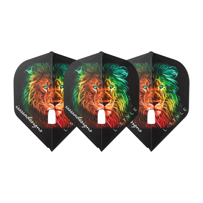 Three L1 Pro Standard dart flights with vibrant lion design, full view, arranged on white background, highlighting molded dart flight shape
