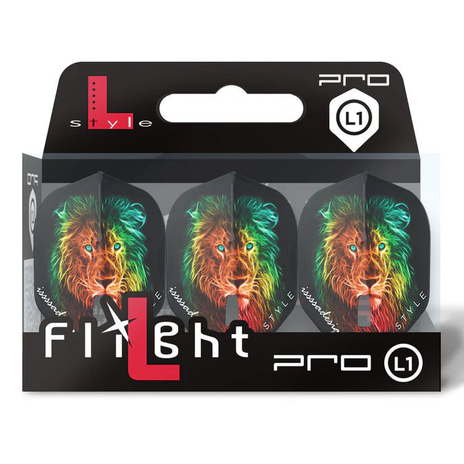 Three Dominik Grullich L1 Pro dart flights in packaging, bold lion design, standard shape, ideal for Champagne Rings setup
