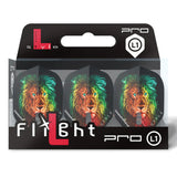 Three Dominik Grullich L1 Pro dart flights in packaging, bold lion design, standard shape, ideal for Champagne Rings setup