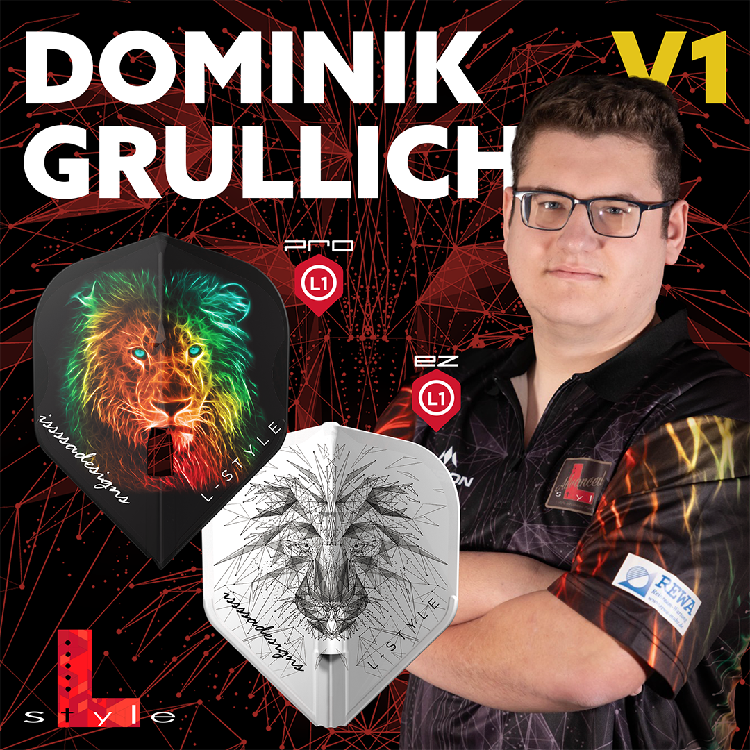 L1 Pro Standard dart flights with lion designs shown in full view, angled display, featured with player for lifestyle context