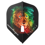 Single L1 Pro standard dart flight close-up, neon lion artwork, isolated on white background, molded for Champagne Rings