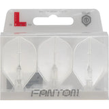 Three clear Fantom EZ L1 dart flights in retail packaging, full product view, crystal design for dart setup