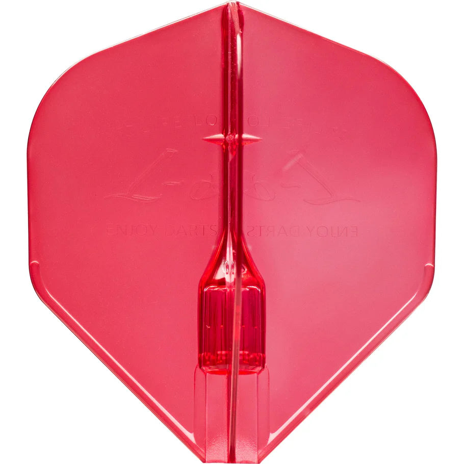 Full view of translucent red dart flight, isolated on white, highlighting reinforced center and durable plastic design