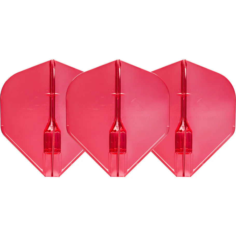 Three red translucent dart flights arranged side by side, showing crystal-clear L1 fin shape and durable slot design for darts