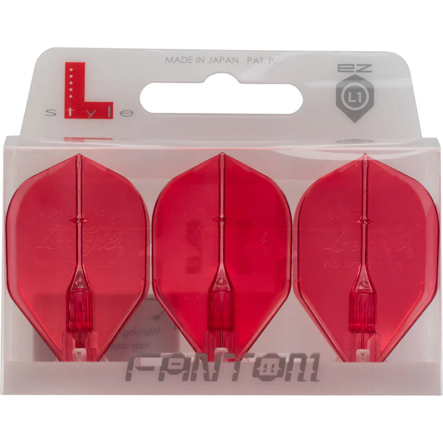 Packaged set of three red EZ L1 Fantom dart flights in standard shape, front view, clear display for dart accessories