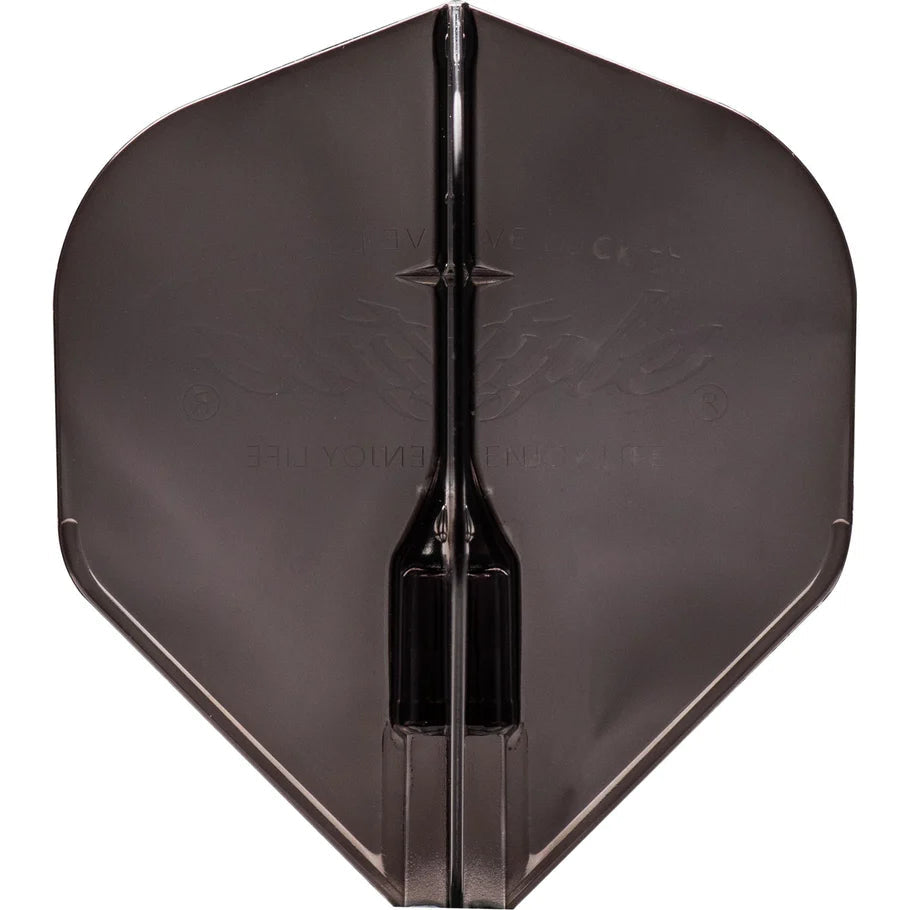 Top-down view of a single black EZ L1 Fantom dart flight, highlighting durable plastic construction and symmetrical flight shape