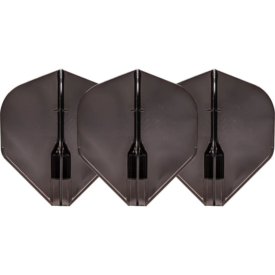 Three black EZ L1 Fantom dart flights front view, translucent, arranged side by side on white background, highlighting flight shape