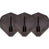 Three black EZ L1 Fantom dart flights front view, translucent, arranged side by side on white background, highlighting flight shape