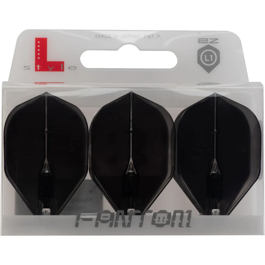 Set of three black L1 Fantom dart flights in retail packaging, full-front view, highlighting size and professional design.