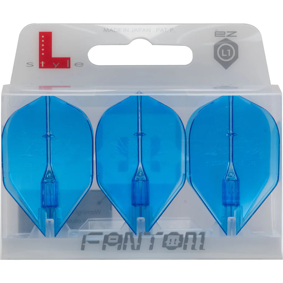 Three blue L1 EZ Fantom dart flights in retail packaging, full front view, crystal clear design for dart accessories
