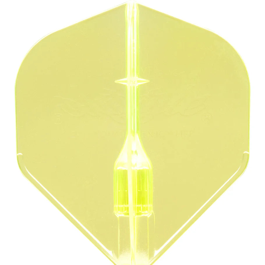 Close-up of translucent yellow dart flight isolated on white, showing reinforced structure and crystal clear design for improved durability.