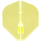 Close-up of translucent yellow dart flight isolated on white, showing reinforced structure and crystal clear design for improved durability.