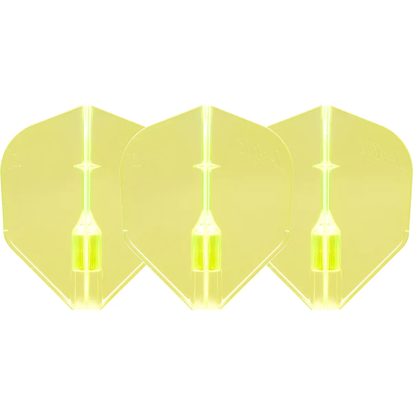 Set of three translucent yellow L1 Fantom dart flights displayed front view on white background for darts setup